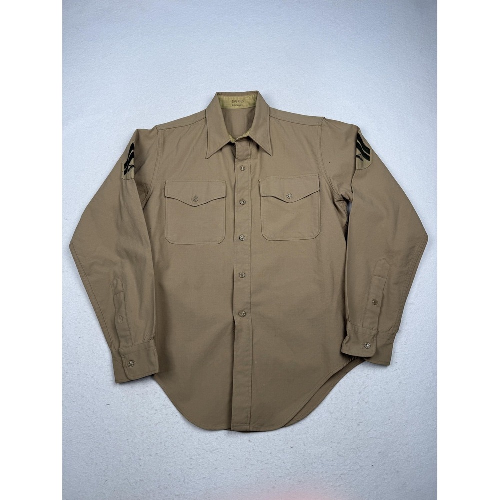 Vintage Military Shirt Mens 15.5 Beige Long Sleeve Uniform Button Up Patches WW2